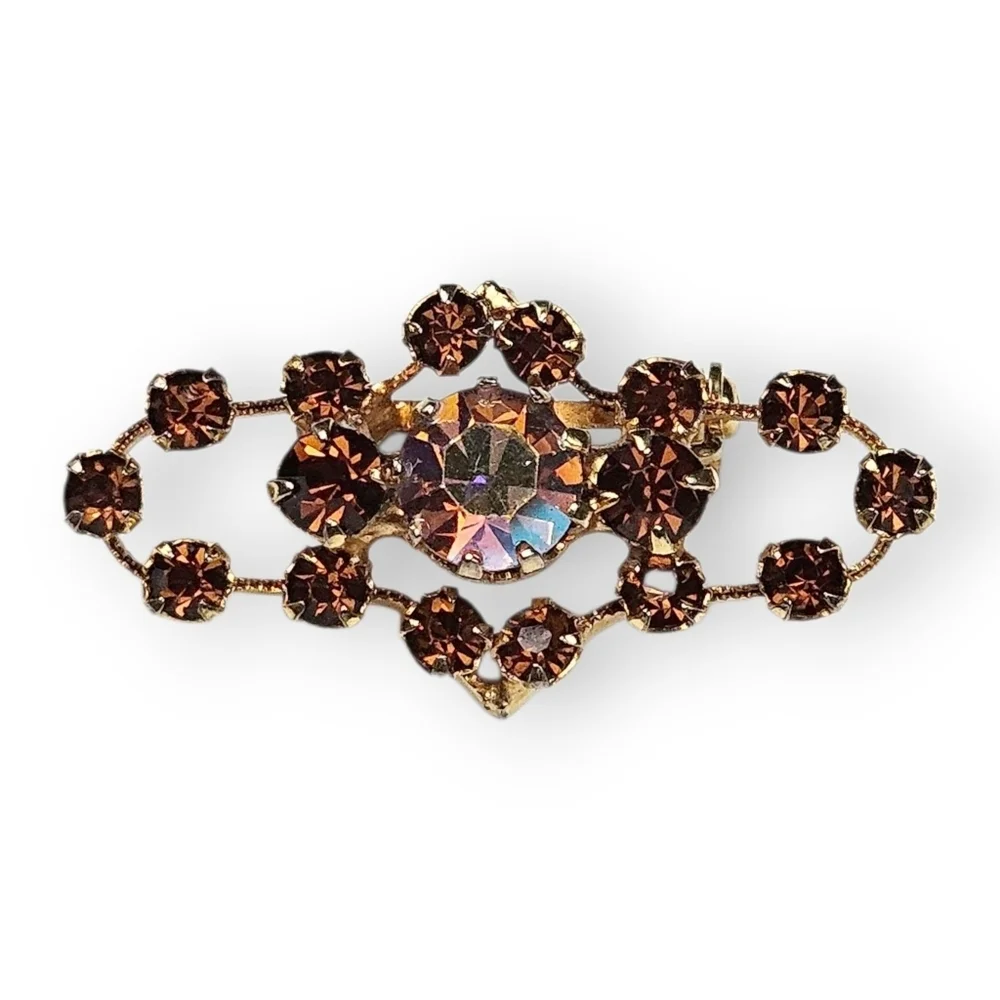 Vintage Austria Rhinestone Bar Brooch Aurora Borealis AB Brown Glass Gold Plated